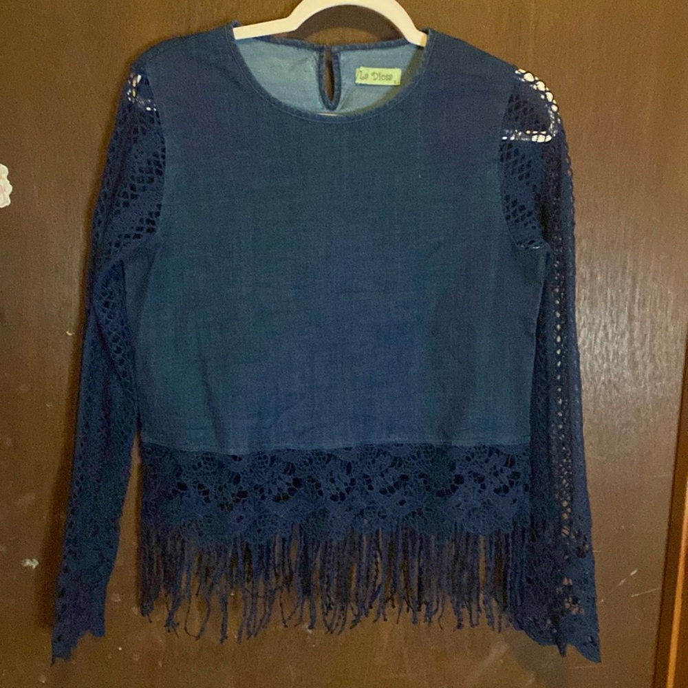 Denim looking and long sleeve crochet sleeves. Boutique brand